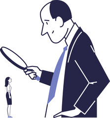 A businessman studies a potential employee. Metaphor of personnel search.