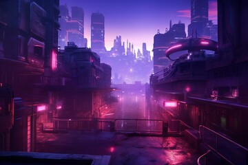 Futuristic cyberpunk city illuminated by vibrant purple neon lights in the industrial zone. Grunge urban wallpaper with a 3D illustration of a cityscape. Generative AI