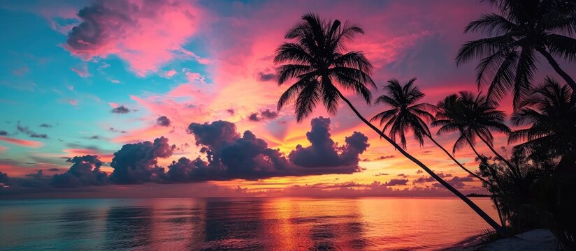 Stunning sunset in the Bahamas with palm tree silhouettes against a colorful sky.