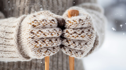 Person is pictured wearing pair of knitted mittens and holding ski poles. This image can be used to represent winter sports or outdoor activities. - Powered by Adobe
