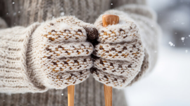 Person is pictured wearing pair of knitted mittens and holding ski poles. This image can be used to represent winter sports or outdoor activities.