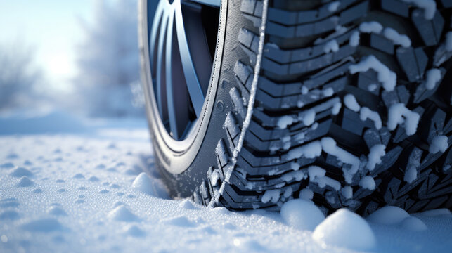 Close up view of tire covered in snow. This image can be used to represent winter, cold weather, or driving in snowy conditions.