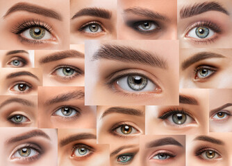 Collage of beautiful female eyes.Long-lasting styling of the eyebrows Eyebrow lamination.Procedure...