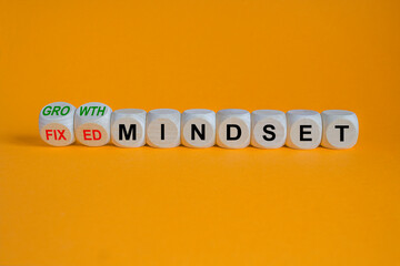 Concept red words Growth mindset and Fixed mindset on wooden cubes. Beautiful orange background. Business growth or fixed mindset concept. Copy space.