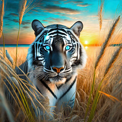 A portrait of a black and white Tiger with beautiful blue eyes looking straight in a wheat field.