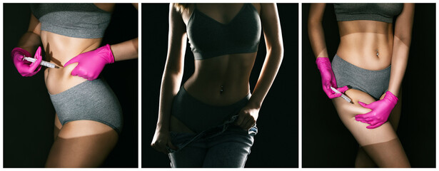 Silhouette of a beautiful athletic girl on a dark background. She takes off her denim...