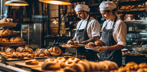 Bakers in a bakery with bread - obrazy, fototapety, plakaty