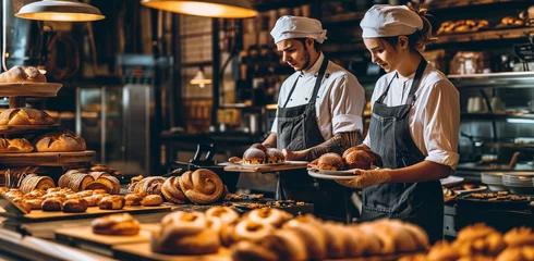 Verduisterende gordijnen Bakkerij Bakers in a bakery with bread