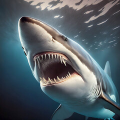 Naklejka premium A very extreme Close up of a massive Great White Shark with its mouth wide open attacking.