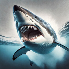 Obraz premium A very extreme Close up of a massive Great White Shark with its mouth wide open attacking.