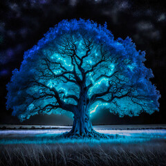 A very Large Blue Neon Glowing Oak Tree in a wheat field with moonlight.