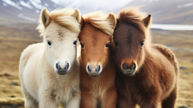 Three small horses standing next to each other in field. This image can be used to depict companionship, farm animals, or rural landscapes.