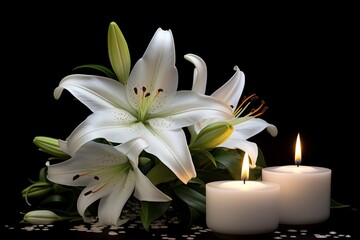 Funeral card, white lilies and burning candles on a black background