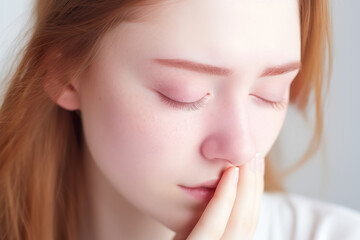 Fototapeta premium Unhappy sad girl suffering from fever and flu, blowing nose and sneezing in napkin, need treatment of illness