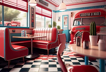 Retro cafe, american diner interior with tables, red sofas. 3d illustration. Generative AI - obrazy, fototapety, plakaty