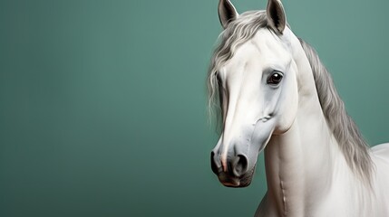 Side portrait of a graceful white horse with a shiny mane on a solid greenish-gray background. Concept: horse breeding, nature magazine covers and advertisements for grooming products.
 - obrazy, fototapety, plakaty