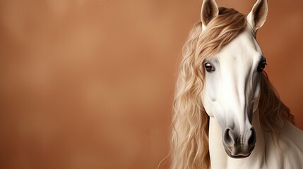 Portrait of a white horse with a long mane against a soft brown background. Concept: veterinary materials, advertising of horse farms and publications about equestrian sports - obrazy, fototapety, plakaty