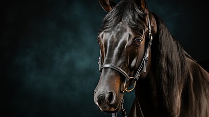 Obraz na płótnie Canvas A black stallion with shiny coat and a bridle on its muzzle on a dark background with soft bokeh. Concept: equestrian sport, animal equipment 