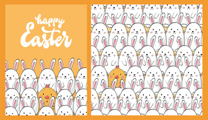 Easter collection of greeting card and seamless pattern decorated with lettering quote, doodled bunnies and chicks on yellow background. Good for posters, prints, banners, wrapping paper, etc. EPS 10 © Натали Осипова