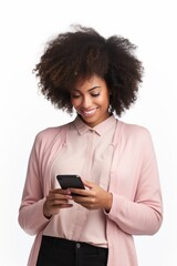 Fototapeta na wymiar Black woman using cell phone isolated on white