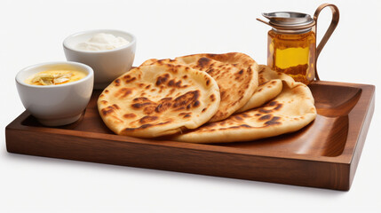 Wooden tray topped with pita bread and delicious dipping sauce. Perfect for appetizers or snacks. .