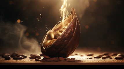 Crack a golden cocoa bean on the beautiful image cut in half Ai generated art