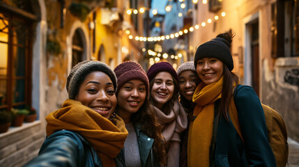 A group of women friends standing side by side on a street, surrounded by warm, inviting lights