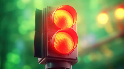 Red traffic light with blurry background. Suitable for illustrating traffic rules and road safety.
