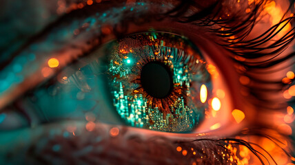 The human eye - decorated with a mesmerizing interweaving of iridescent veins and holographic elements. illustration of the work of nanotechnology in the human body. Generative AI