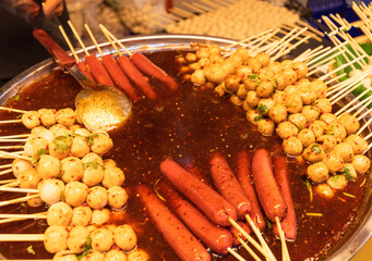 Bangkok famous street food stalls and national traditional Asian cuisine.