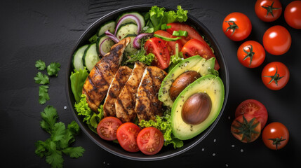Delicious and healthy chicken avocado salad bowl, perfect for nutritious meal. Can be used for food blogs, recipe websites, or healthy eating articles.