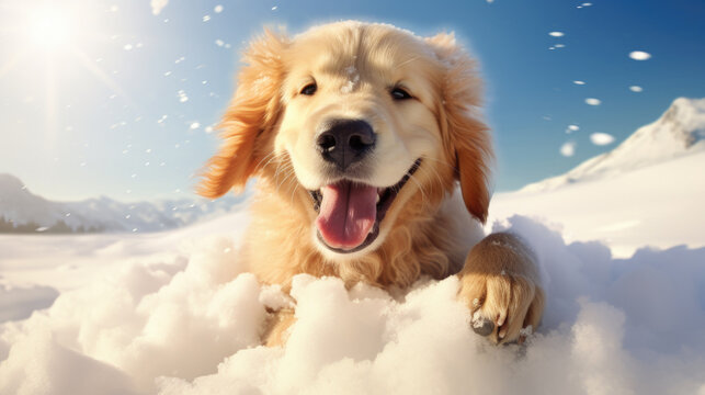 Dog is pictured lying in snow with its mouth open. This image can be used to depict joy, happiness, or excitement in winter or outdoor-themed designs.