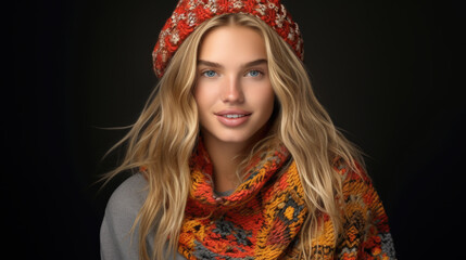 Woman is pictured wearing scarf and hat. This image can be used for fashion or winter-related themes.