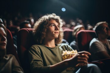 Young man watching movie in cinema - obrazy, fototapety, plakaty