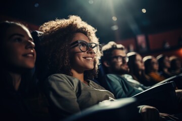 Fototapeta na wymiar Young woman watching movie in cinema