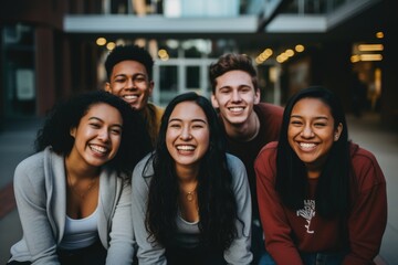 Group portrait of diverse university students on college campus - obrazy, fototapety, plakaty