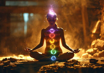 Today girls meditating on a beautiful background with glowing chakras