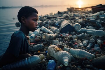 Young boy swimming in ocean polluted with plastic waste