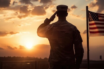 American soldier saluting the flag during sunset - obrazy, fototapety, plakaty