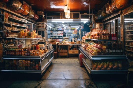 Interior of empty small corner store