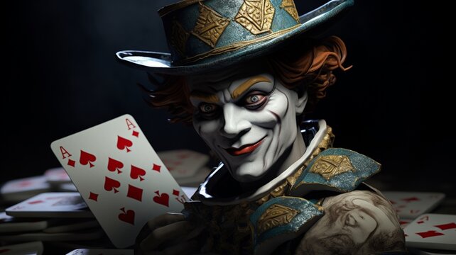 The playing card is a portrait of goblin, a sad clown Ai generated art