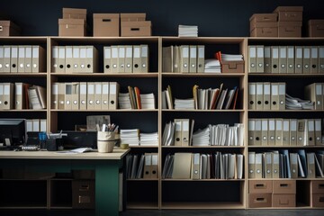 Empty modern office with shelves full of documents