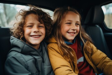 Portrait of a young brother and sister in backseat of car