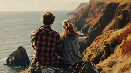Young couple sitting near sea cliffs and enjoying the view - Powered by Adobe