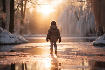 A small child walks on the thin ice of a lake that begins to melt in late winter or early spring. View from the back. Danger of falling into the water and drowning during a thaw