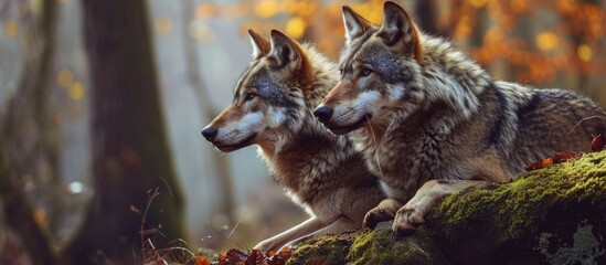 A pair of stunning grey wolves in the woods.