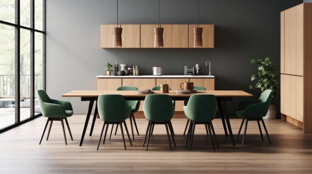Dining room featuring wooden table and green chairs. Suitable for home decor and interior design projects.