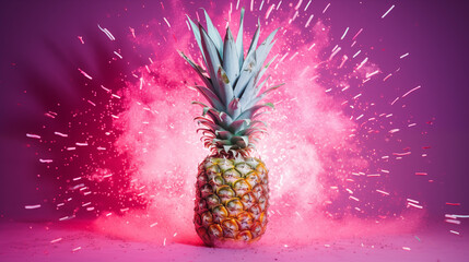 an image of an isolated pineapple with pink splash on pink background - obrazy, fototapety, plakaty