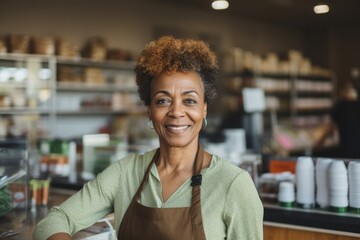 Portrait of a middle aged woman working at cash register - obrazy, fototapety, plakaty