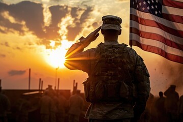 American soldier saluting the flag during sunset